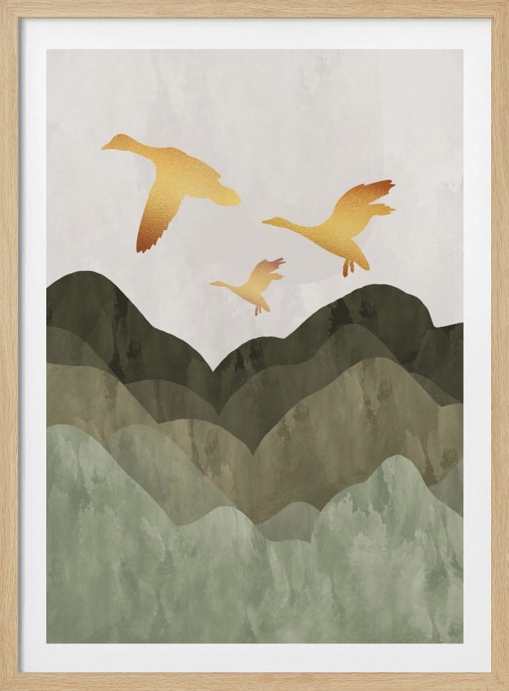A minimalist art print of three golden bird silhouettes flying over a stylized landscape of layered mountains in muted shades of green and brown, set against a light grey, textured sky and enclosed in a thin black frame. Print