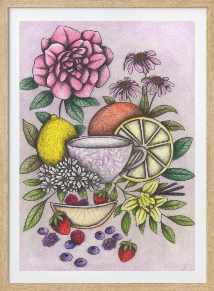 A detailed colored pencil still life drawing featuring a large pink rose, a lavender-patterned teacup, and an assortment of fruits and flowers including lemons, oranges, strawberries, blueberries, daisies, and vanilla blossoms against a soft lavender background. Decor