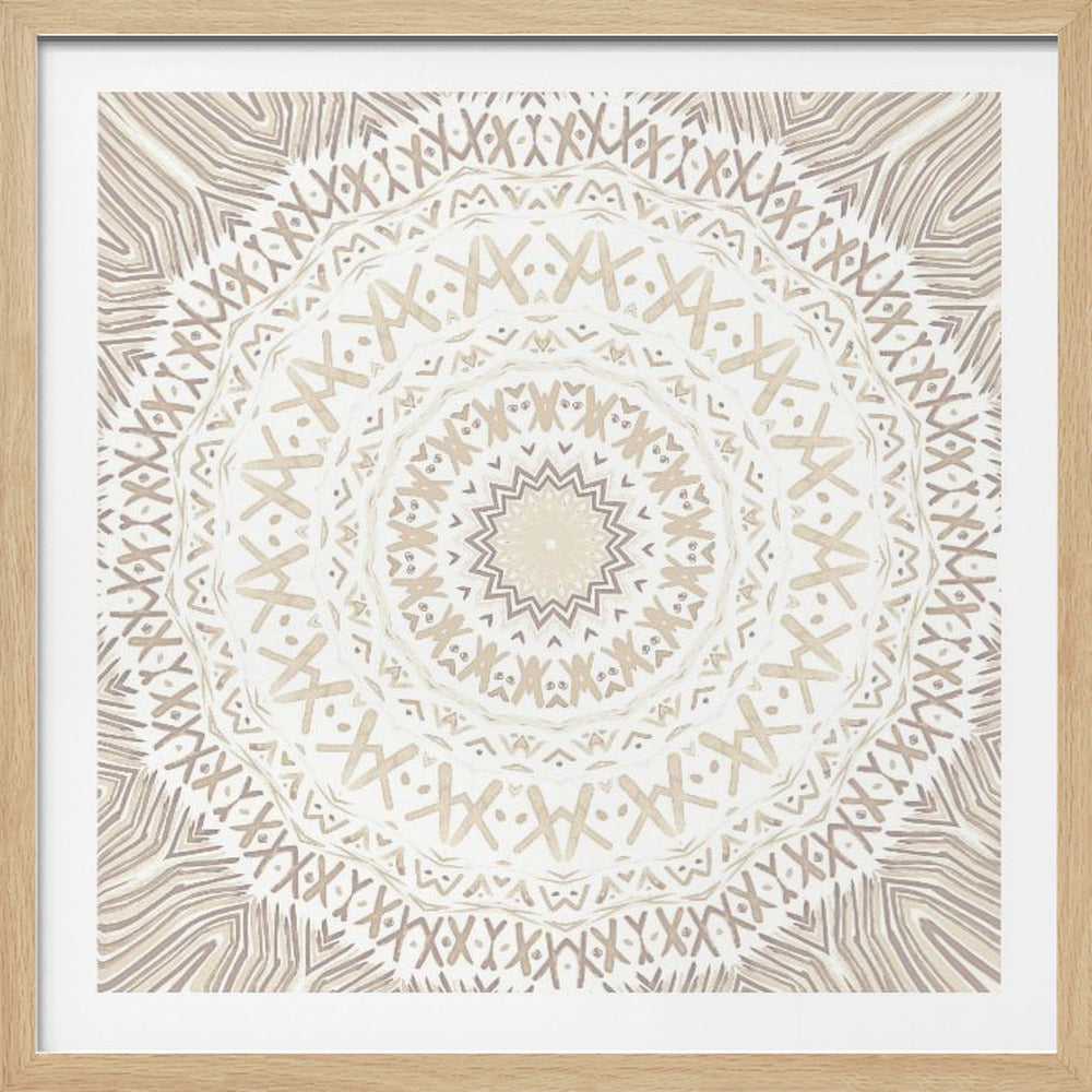 A framed square artwork featuring a detailed mandala design in neutral tones. The intricate pattern consists of concentric circles with geometric shapes like 'X's and chevrons, rendered in shades of beige and taupe on a white background, all enclosed in a light-colored wooden frame. Decor