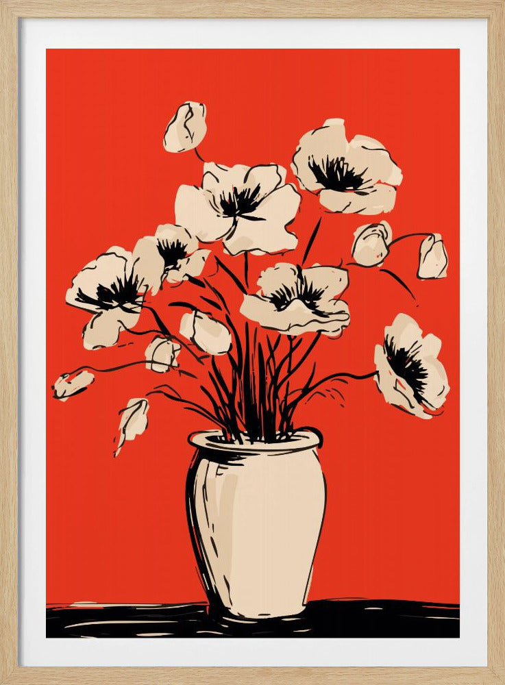 A graphic illustration of a bouquet of cream-colored poppies in a vase against a solid, vibrant red background. The flowers, stems, and vase are rendered with bold, sketchy black lines, creating a high-contrast and modern still-life composition. Print