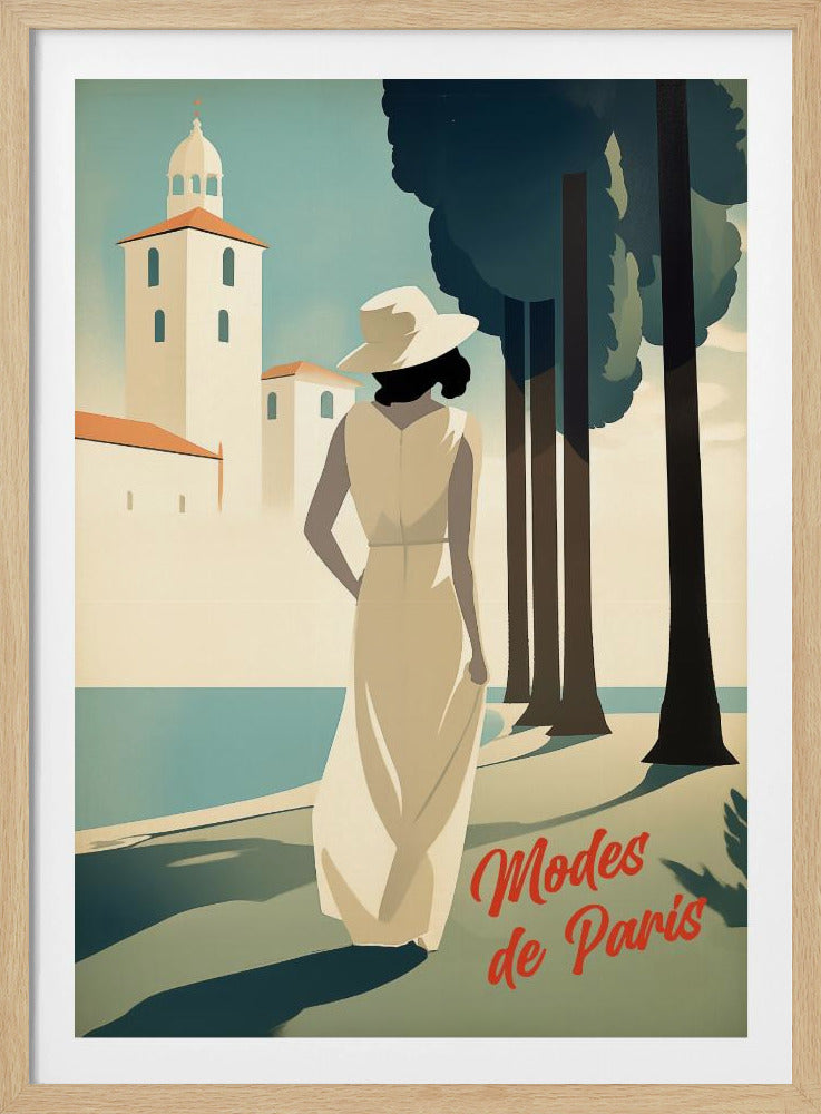 An Art Deco style illustration of a woman in a long cream dress and a white hat, viewed from behind. She stands by a body of water with tall, dark trees to her right and a white coastal building in the background. Red cursive text in the corner reads 'Modes de Paris'. Wall Art