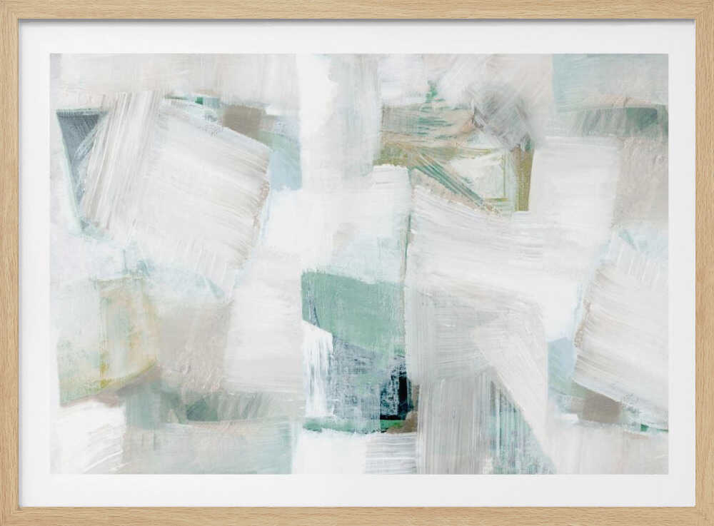 Abstract painting with bold white brushstrokes over a background of soft green, blue, and beige hues in a silver frame.