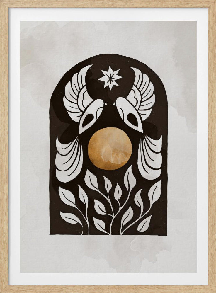 A modern illustration in a black frame featuring a symmetrical design within a black arch. Two stylized white birds face each other over a golden orb, with a white star above them and white foliage below, all on a light, textured background. Print
