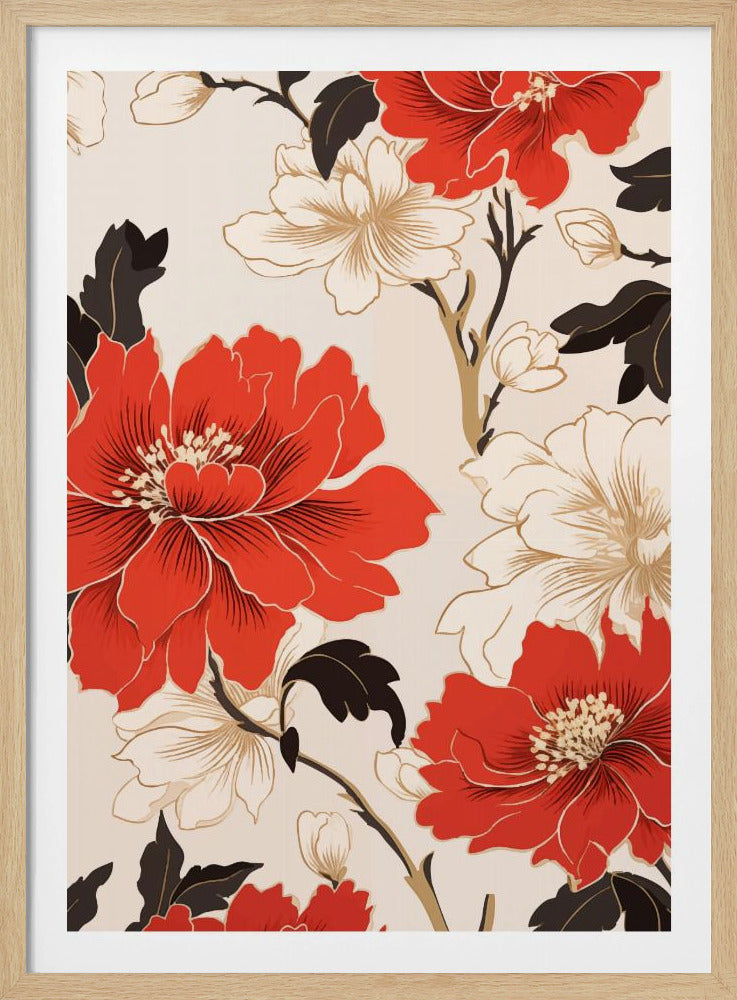 A stylized floral artwork featuring large, bold red flowers and smaller white flowers with gold accents. Dark brown leaves and branches twist across the cream-colored background, creating an elegant pattern. The entire piece is enclosed in a simple black frame. Decor