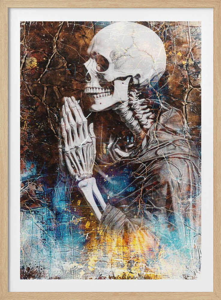 A mixed media artwork of a skeleton from the chest up, in profile, with its hands clasped together in prayer. The background is a heavily textured and cracked dark brown, with abstract splashes of blue and fiery yellow, particularly at the bottom. Wall Art