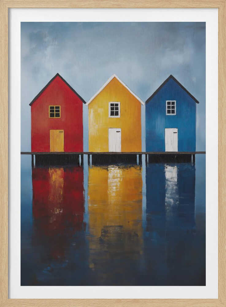 A painting of three houses in primary colors—red, yellow, and blue—lined up on a pier over a body of water. The houses and their vibrant colors are reflected in the calm water below, all under a muted, overcast sky. The piece is in a black frame. Decor