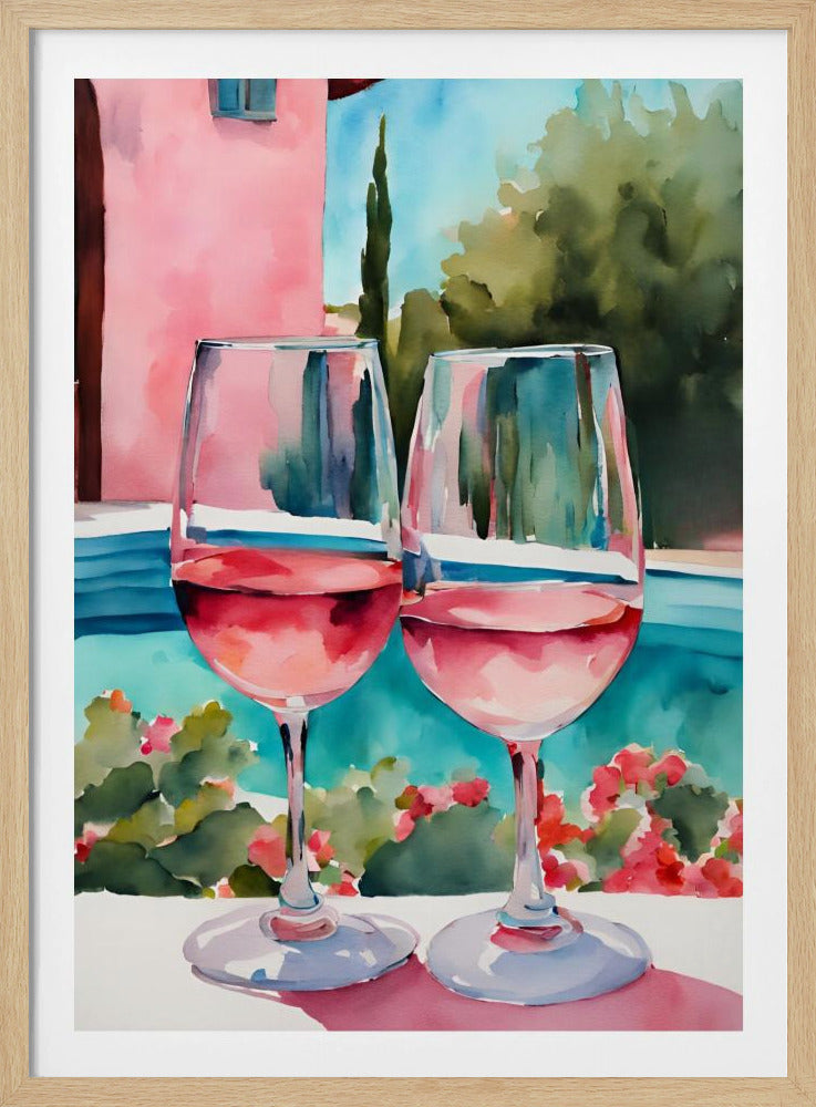 A vibrant watercolor painting of two glasses of rosé wine sitting on a white surface. In the background is a bright turquoise swimming pool, a pink building, and lush green trees under a blue sky. Wall Art