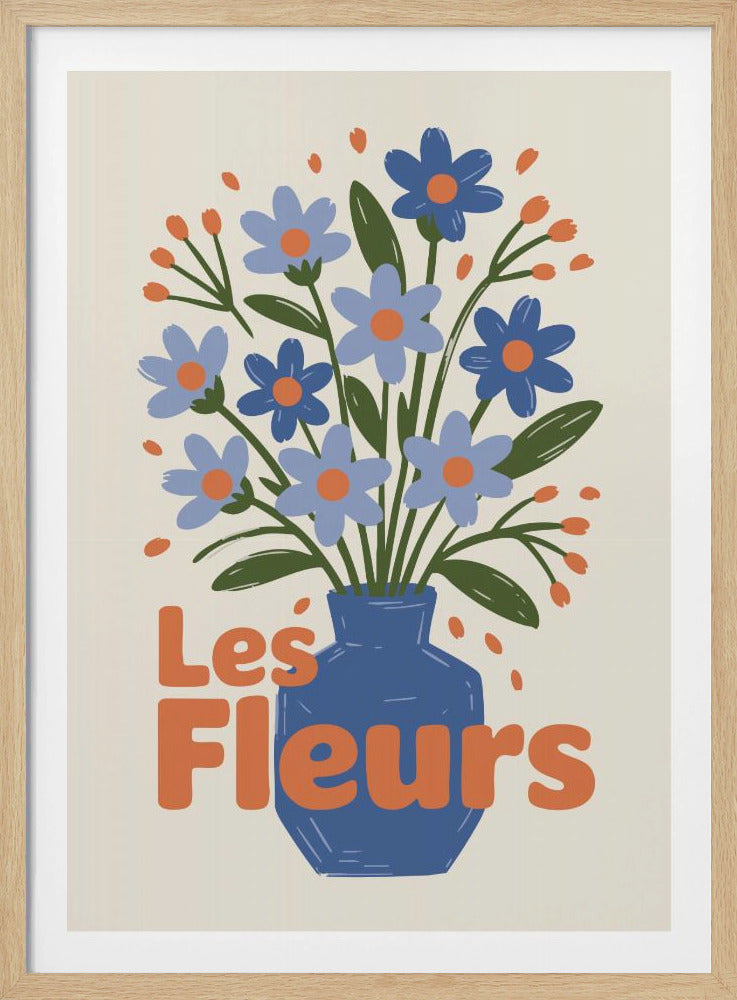 A stylized illustration of a blue vase filled with light and dark blue flowers with orange centers and green leaves. The phrase "Les Fleurs" is written in a bold orange font in the foreground, all set against a cream-colored background and framed in black. Decor
