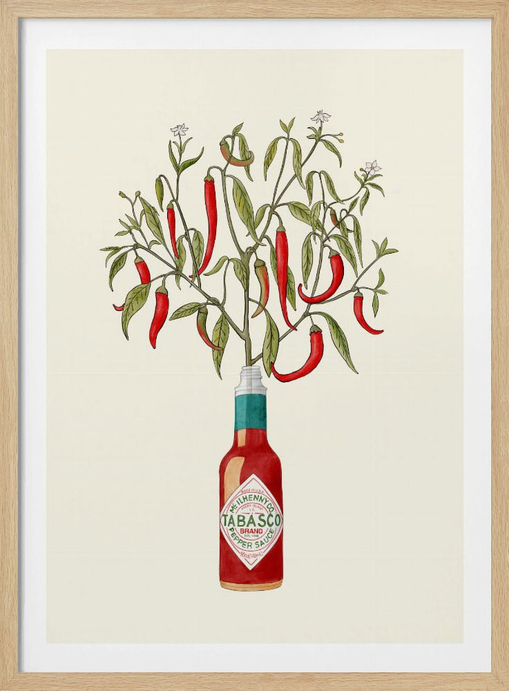 A framed vintage-style illustration of a red chili pepper plant, complete with leaves and blossoms, growing out of the top of a Tabasco brand hot sauce bottle against a cream background. Artwork
