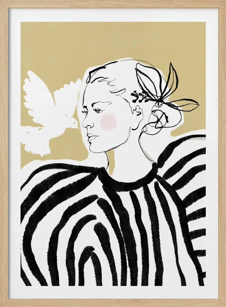 A stylized illustration of a woman in profile against a solid beige background. Her face is a simple black line drawing with a touch of pink blush on her cheek. She wears a bold black and white striped blouse with large, voluminous shoulders. A white, painted silhouette of a dove flies towards her. Wall Art