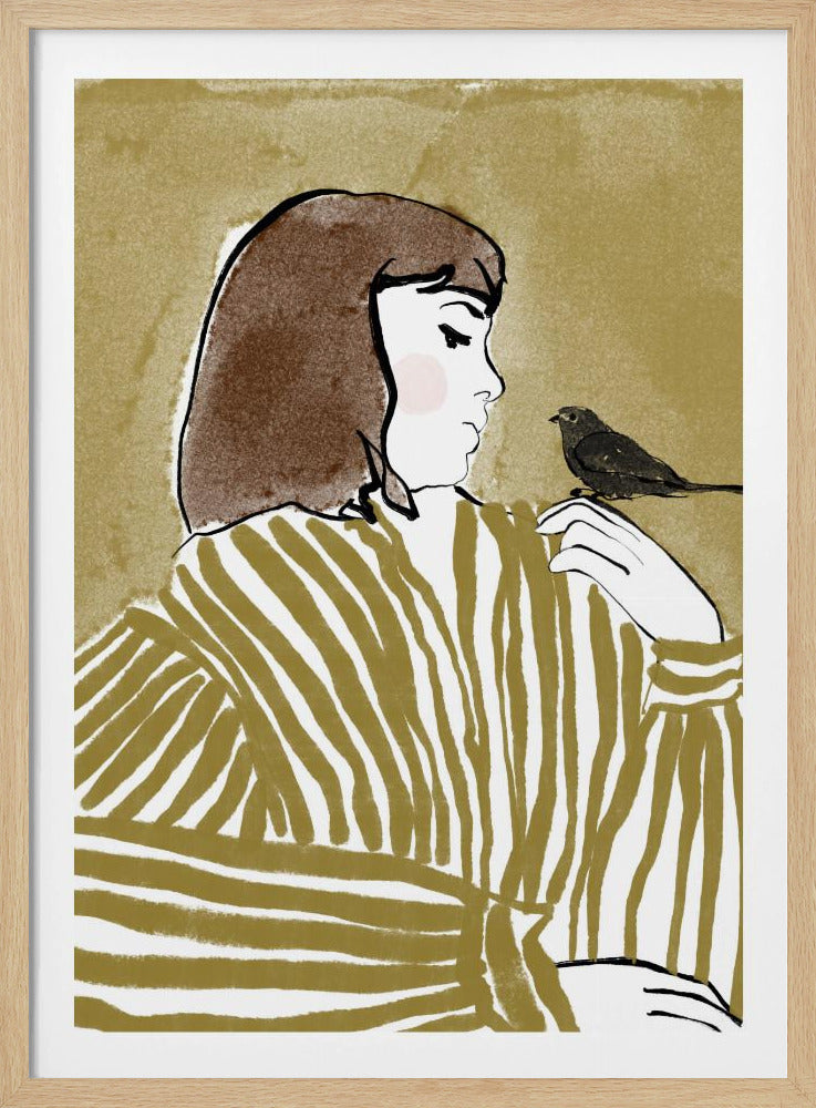 An illustration of a woman with short brown hair, viewed from the side, wearing an olive and white striped blouse. She is looking down at a small black bird perched on her shoulder against a solid textured khaki background. Print
