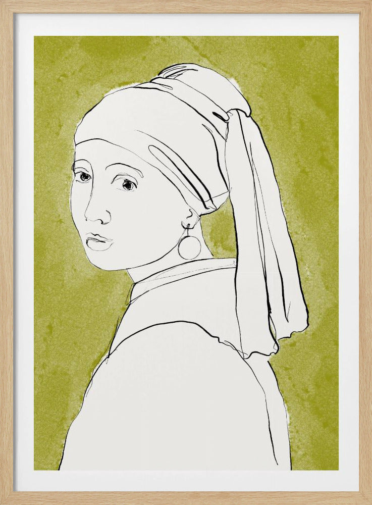A minimalist line art interpretation of Vermeer's 'Girl with a Pearl Earring'. The portrait is rendered in simple black outlines on a white base, set against a textured olive green background and framed in black. Print