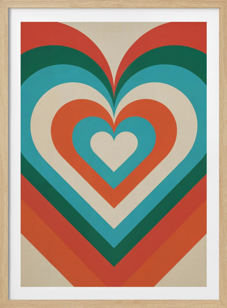 A retro-style graphic art piece featuring a large, centered heart made of concentric layers of orange, green, blue, and cream, creating a hypnotic, repeating pattern. The artwork is presented in a simple black frame. Artwork