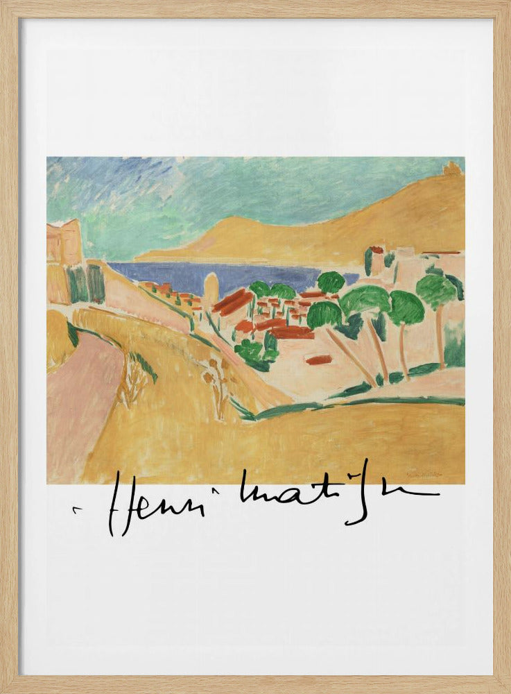 A framed art print of a Henri Matisse painting depicting a colorful coastal landscape in the Fauvist style. The scene features ochre hills, a blue sea, and a village with red-roofed houses and green trees, with the artist's signature at the bottom. Wall Art
