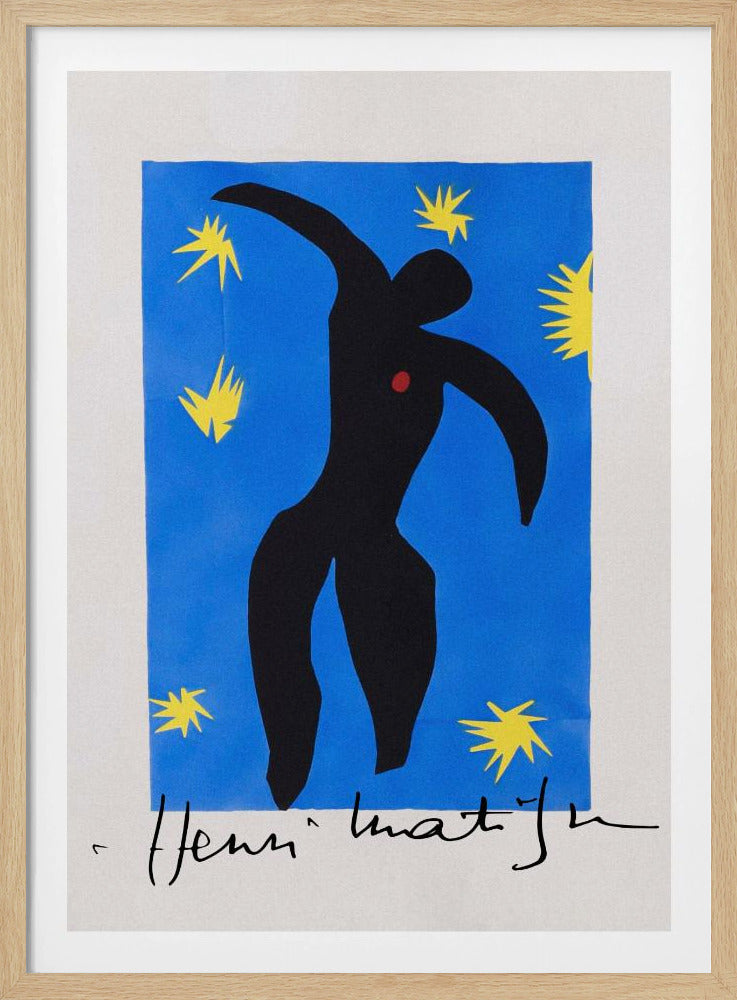 Henri Matisse's 'Icarus,' a framed print featuring a black paper cutout silhouette of a falling figure with a red heart, set against a deep blue background with yellow starbursts. The artist's signature is visible at the bottom. Poster
