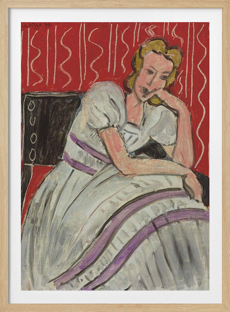 A Fauvist style painting by Henri Matisse from 1942. It features a pensive blonde woman in a white dress with purple stripes, sitting in a black chair against a vibrant red patterned background. She rests her head on her hand, looking thoughtful. Artwork