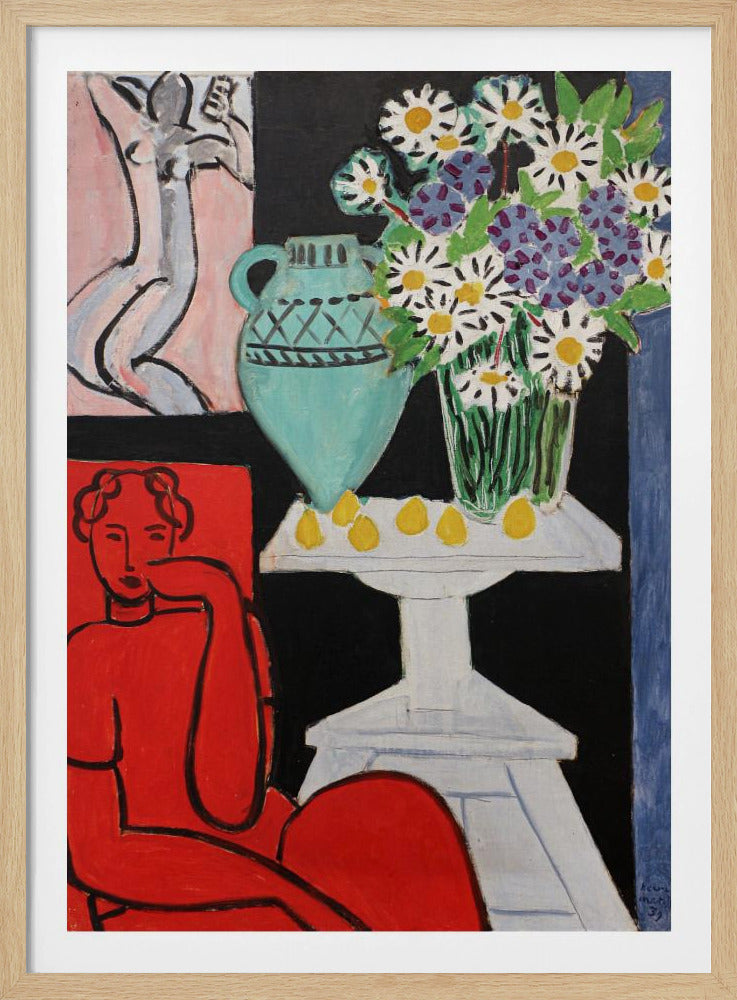 A vibrant Fauvist painting by Henri Matisse. A figure rendered in bold red sits in the foreground. Next to them, a white pedestal table holds a turquoise pitcher, a glass vase filled with white and purple daisies, and several yellow lemons, all set against a stark black background. In the upper left, a smaller picture of a grey nude figure hangs on a pink wall. Poster