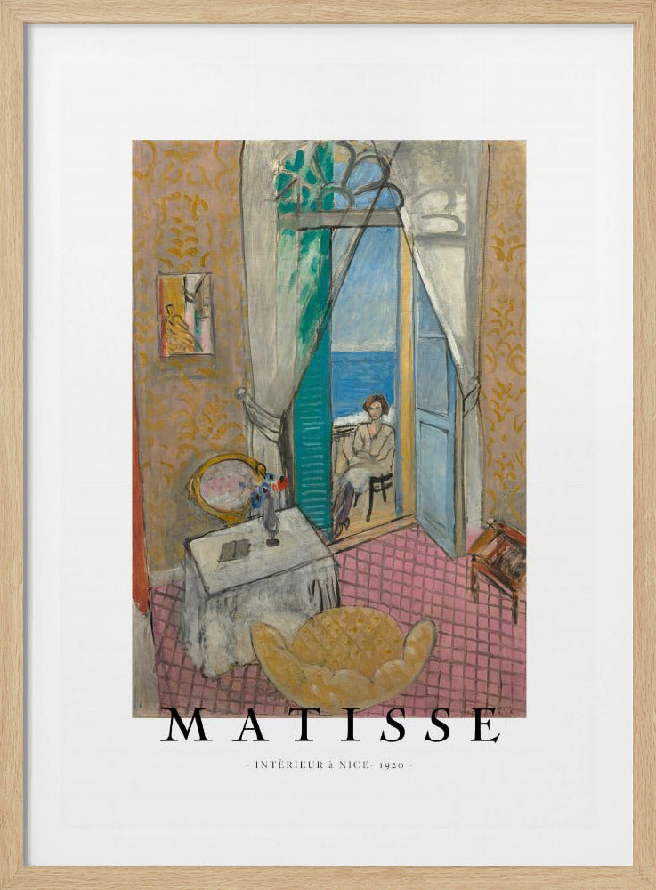 A poster of Henri Matisse's 1920 painting 'Intérieur à Nice'. The artwork depicts a room interior with an open door leading to a balcony where a woman sits overlooking the sea. The poster is in a black frame with 'MATISSE' written at the bottom. Print
