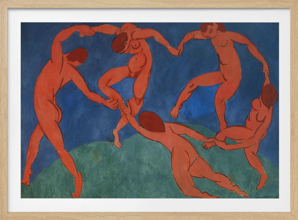 A framed print of Henri Matisse's painting 'The Dance,' featuring five nude, reddish-orange figures holding hands and dancing in a circle against a vibrant blue sky and a green hill. Decor