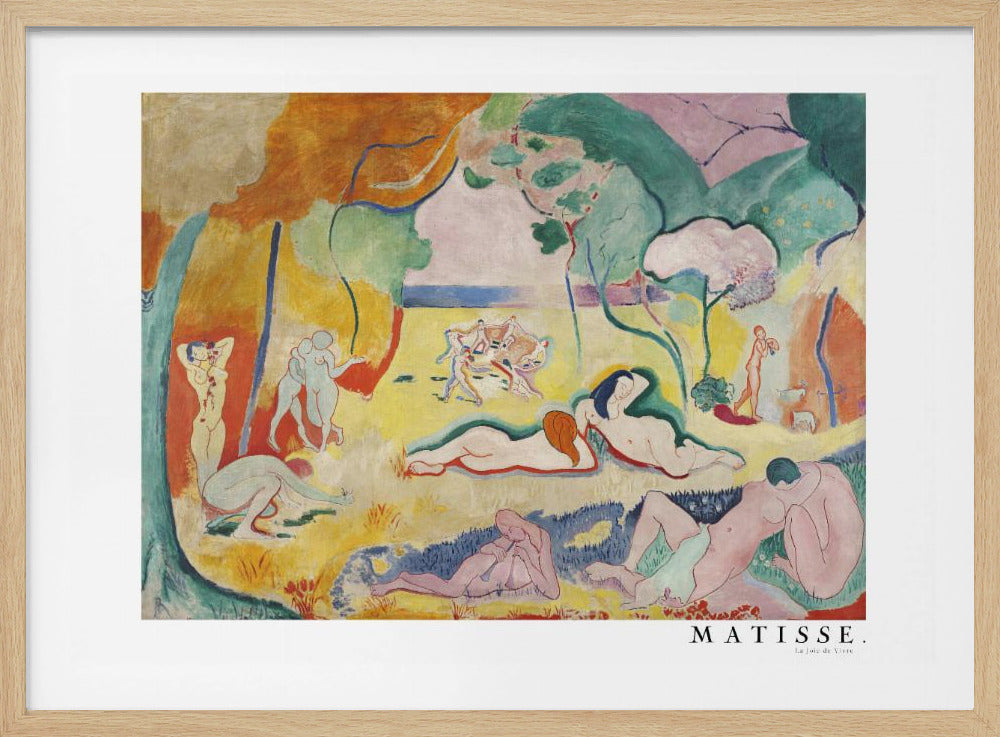 A framed art print of Henri Matisse's famous Fauvist painting, 'Le Bonheur de Vivre' (The Joy of Life). The colorful, idyllic landscape is filled with nude figures lounging, dancing, and playing music under vibrant yellow, orange, and green trees against a pink sky. Wall Art
