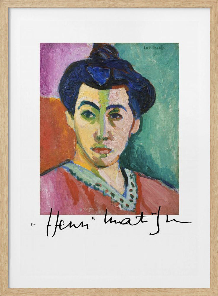 A framed art print of Henri Matisse's famous Fauvist painting, 'The Green Stripe (Portrait of Madame Matisse)'. The portrait features a woman with her hair up, her face divided by a vertical green stripe against a background of bold color blocks in purple, red, and green. The artist's signature is visible below the painting. Poster