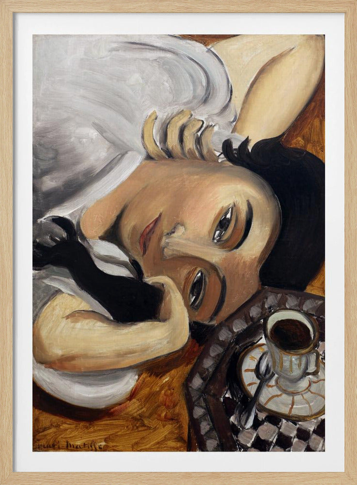 A Fauvist-style painting depicting a woman with dark hair and one black glove, reclining with her head tilted towards the viewer. Next to her is a checkered tray holding a cup of coffee. Poster