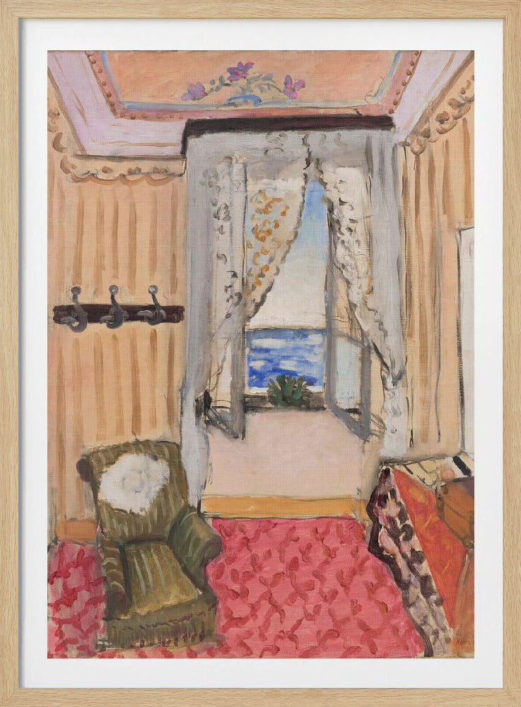 An impressionistic painting of a cozy room with an open window overlooking a bright blue sea. The room is decorated with peach-colored walls, a pink patterned rug, and a green armchair, creating a warm, inviting atmosphere. Print