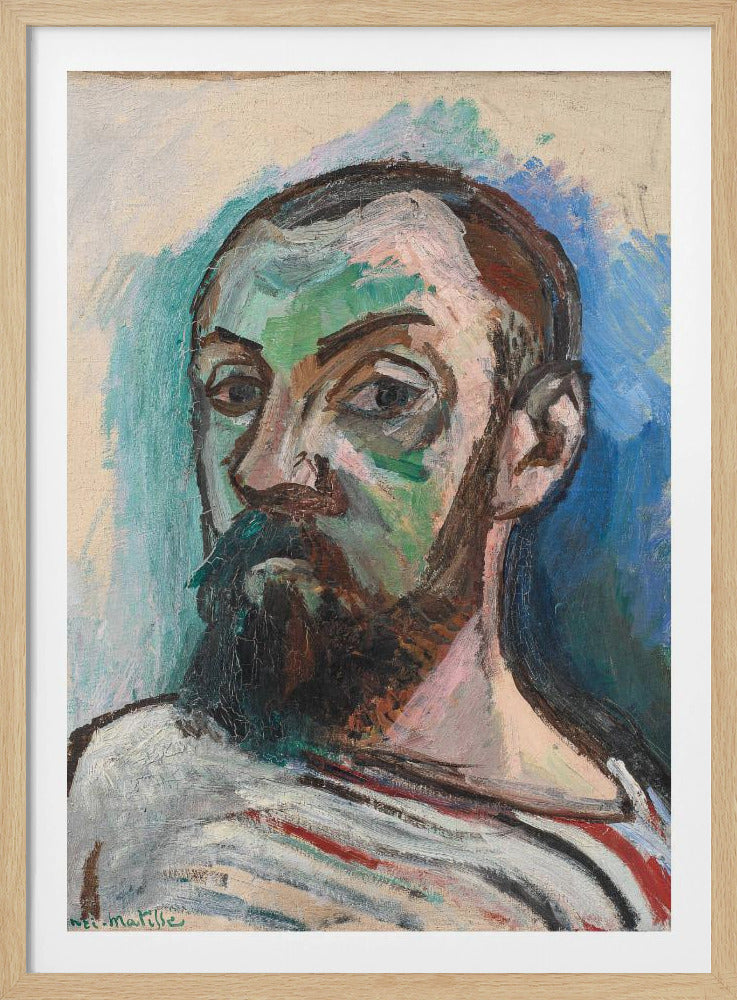 A Fauvist style self-portrait by Henri Matisse, characterized by bold, expressive brushstrokes and non-naturalistic colors. The subject's face is painted with patches of green and pink, and he has a dark beard and mustache. He wears a striped shirt and looks intently forward, against a background of vibrant blue and off-white. Print