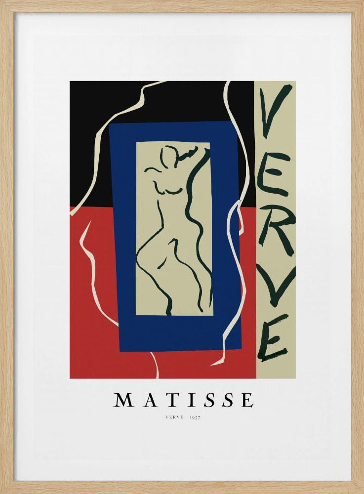 A framed art print of Henri Matisse's 'Verve' from 1937. The abstract composition features bold color blocks of black, red, and blue. In the center is a line drawing of a dancing figure, and the word 'VERVE' is written vertically on the right side. Poster