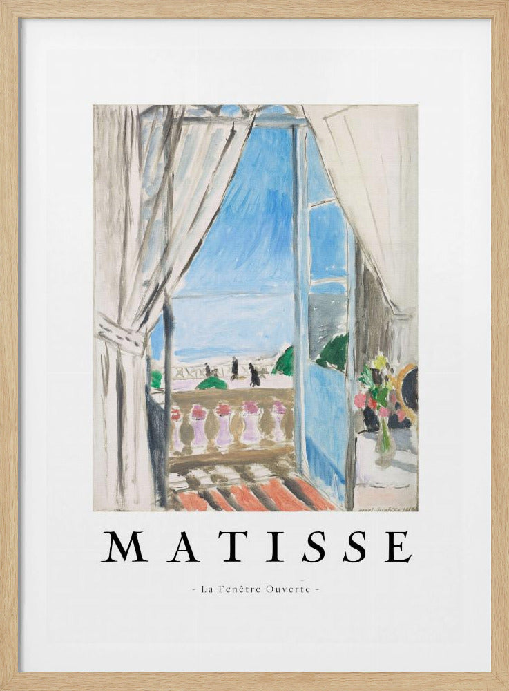 A poster of Henri Matisse's painting 'La Fenêtre Ouverte' (The Open Window). It shows a bright, colorful view of the sea from a balcony, framed by open windows and flowing white curtains. The poster is in a black frame with the artist's name and painting title printed below the artwork. Print