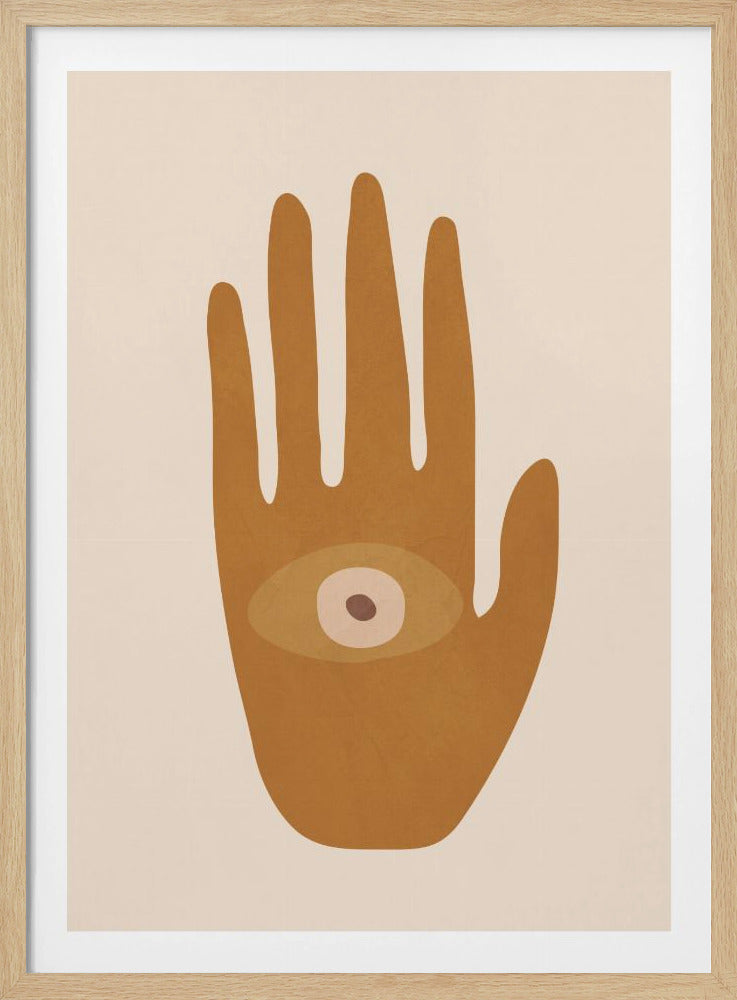A minimalist abstract illustration of a brown hand with an eye in its palm, set against a beige background and enclosed in a black frame. The art has a modern, bohemian feel. Print
