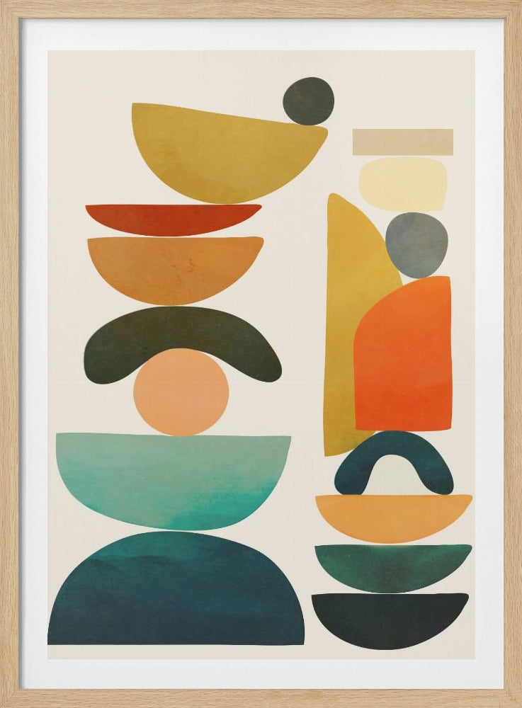 A mid-century modern abstract art print featuring two vertical stacks of various geometric and organic shapes. The shapes, including semi-circles, circles, and crescents, are colored in an earthy palette of mustard yellow, terracotta, teal, dark green, and grey, all set against a light cream background and framed in black. Print