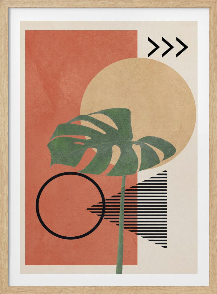 A modern abstract art print featuring a large green monstera leaf overlaid on a collection of geometric shapes. The background includes a terracotta rectangle, a large beige circle, and a cream-colored area with a striped triangle and three chevrons. A black outline of a circle sits in the lower left. Print