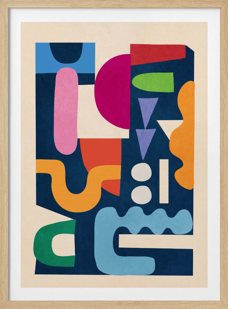 A modern abstract art print in a black frame, featuring a vibrant collage of colorful, cut-out style shapes against a dark navy blue background. The composition includes a mix of geometric and organic forms in shades of magenta, pink, orange, green, red, purple, and light blue, all contained within a cream-colored border. Print