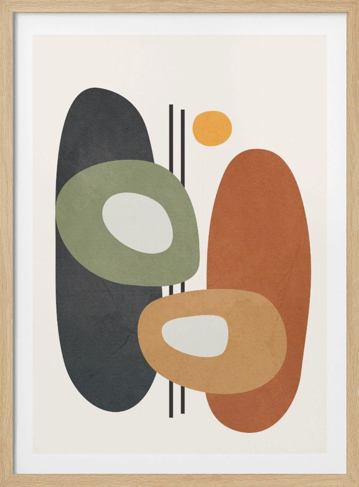An abstract art print in a black frame, featuring a collection of overlapping organic shapes in muted earth tones. A large dark gray oval is on the left, next to a burnt orange oval on the right. In front of them are two ring-like shapes, one olive green and one light orange, both with off-white centers. A small yellow circle is near the top, and thin vertical black lines cut through the composition. The background is a soft off-white. Print