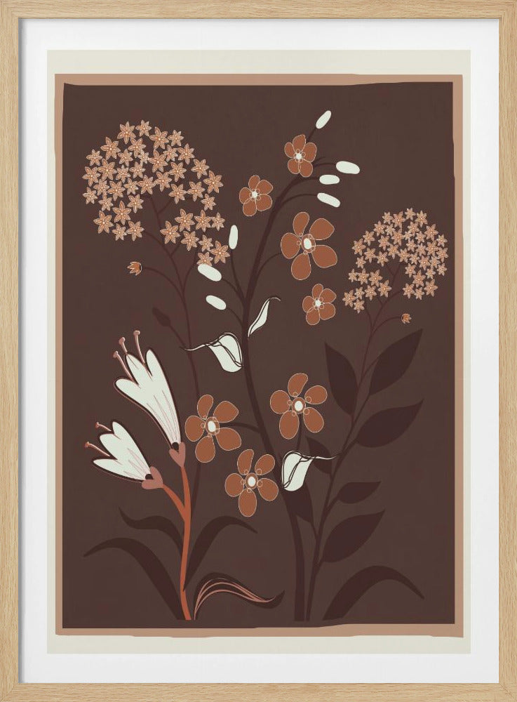 A modern botanical illustration featuring stylized flowers in shades of rust, cream, and light brown against a deep brown background. The framed artwork showcases a variety of floral shapes, including trumpet flowers and small clustered blossoms, in a simple, elegant composition. Artwork