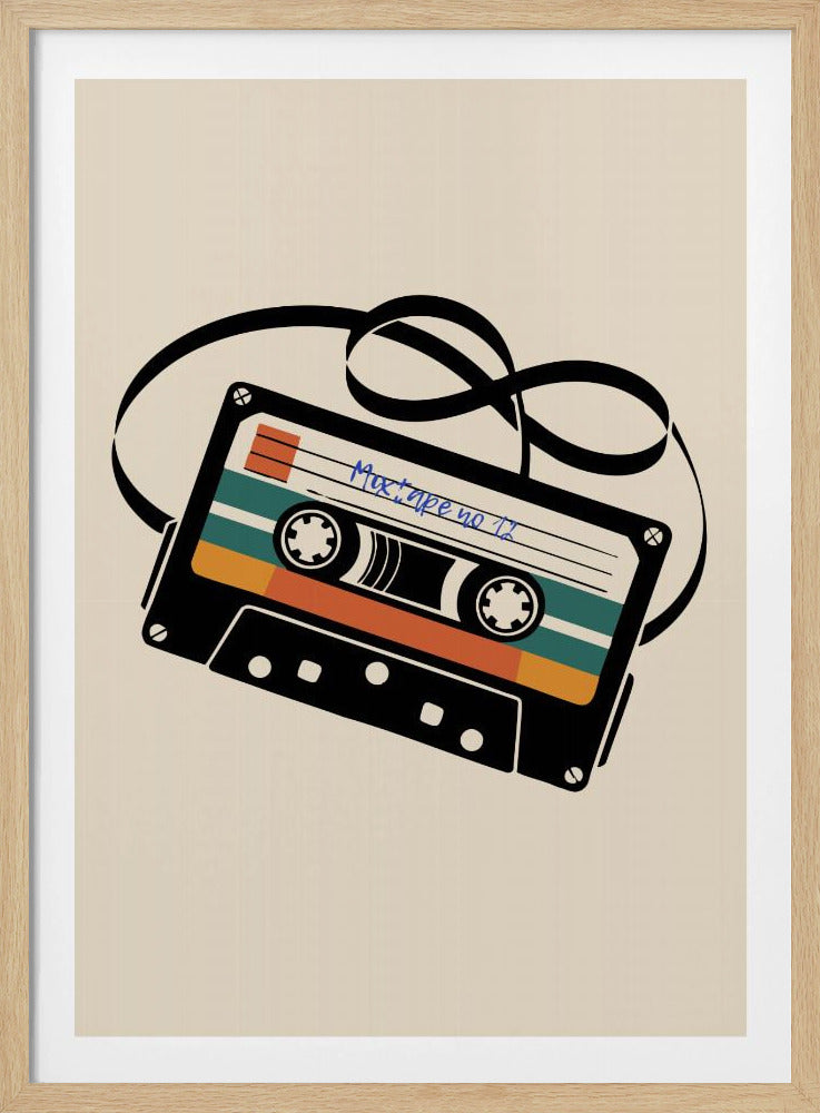 A retro-style illustration of a black cassette tape with an unspooled black magnetic tape looping behind it. The cassette has orange and teal stripes and is labeled 'Mixtape no 11' in blue handwriting, all set against a cream background and enclosed in a thin black frame. Print