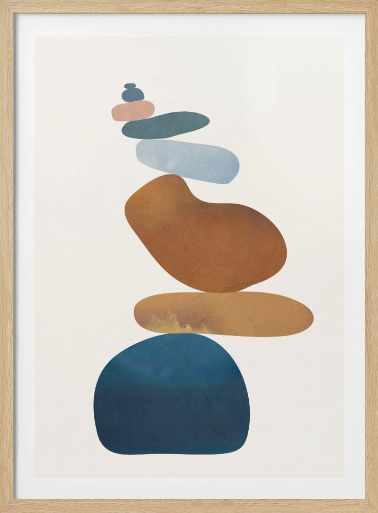 A minimalist abstract painting in a black frame, featuring a precarious stack of colorful, smooth, organic shapes resembling stones against a cream background. The colors range from a large dark blue at the base to brown, ochre, light blue, teal, and pink at the top. Poster