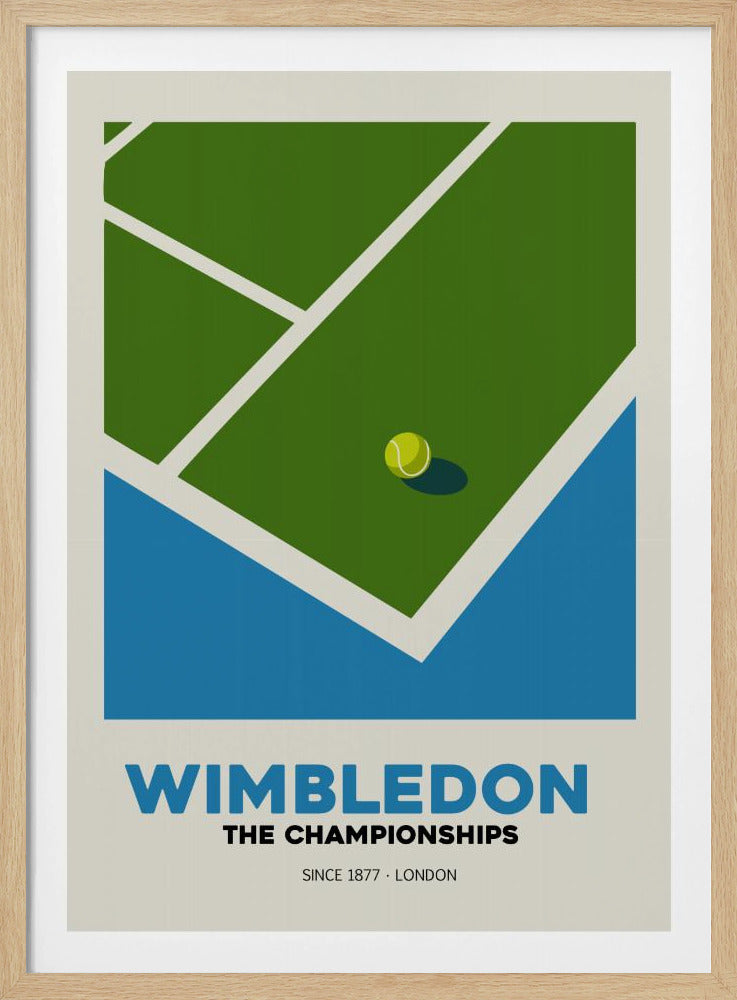 A minimalist art poster for the Wimbledon tennis championships. It features a stylized, high-angle view of a green grass court with white lines and a single tennis ball. The poster has text at the bottom that reads 'WIMBLEDON THE CHAMPIONSHIPS SINCE 1877 - LONDON' in blue and black font against a cream background. Poster