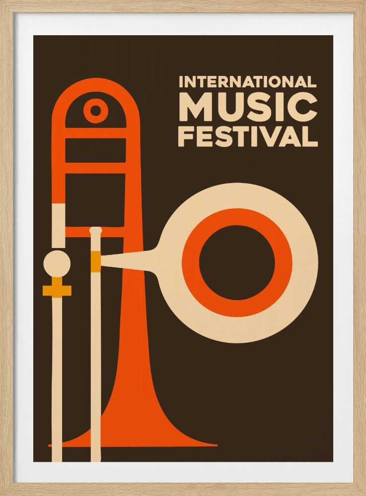 A vintage-style poster for an International Music Festival, featuring a minimalist graphic illustration of a trombone in orange and cream against a dark brown background. The text is in a cream-colored sans-serif font in the upper right. Poster