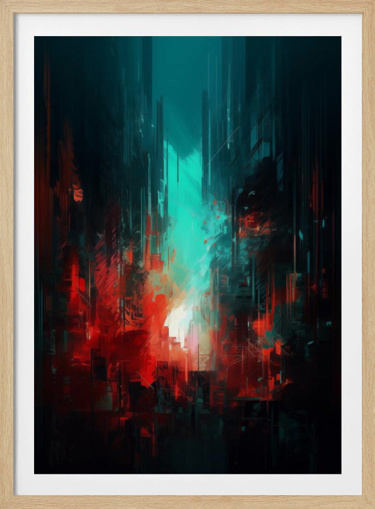 An abstract digital painting of a futuristic city. Tall, dark vertical shapes resembling skyscrapers are contrasted by a glowing teal light in the center and vibrant, chaotic red brushstrokes in the foreground, creating a moody and dramatic urban scene. Print