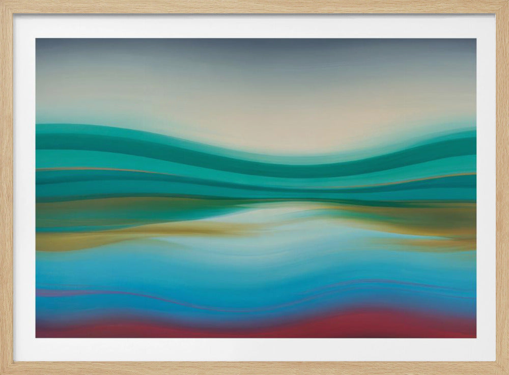 A framed abstract landscape painting featuring horizontal, flowing bands of color. The composition suggests a serene coastal scene with a light blue and cream sky over undulating waves of teal and green. The middle section shows reflections in shades of gold and aqua, while the bottom transitions from blue with thin red lines to a solid deep red-brown base. The entire piece is housed in a simple silver frame. Poster