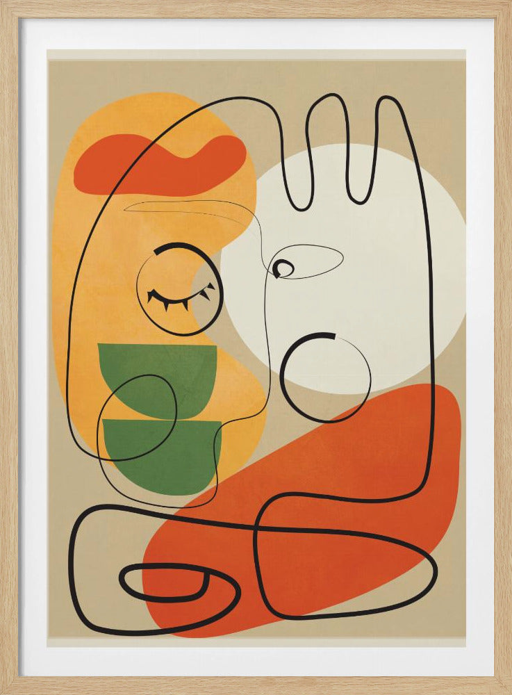 A modern abstract artwork featuring a single continuous black line that forms two stylized faces against a beige background. The composition includes colorful organic shapes in orange, yellow, green, and a large white circle, creating a minimalist and surreal feel. Wall Art