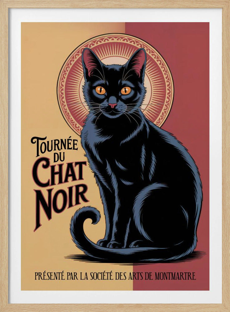 A vintage French poster titled 'Tournée du Chat Noir'. It features a large, stylized black cat with prominent orange eyes sitting against a circular, halo-like design. The background is split between pale yellow and deep red. The poster includes French text in an Art Nouveau style. Artwork