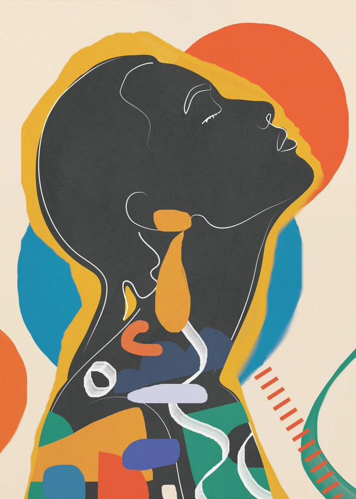 A modern abstract artwork of a person in profile, head tilted back with closed eyes. The figure is a black silhouette outlined in white and yellow, filled with a collage of colorful shapes in orange, blue, and green against a cream background with large orange and blue circles. Decor