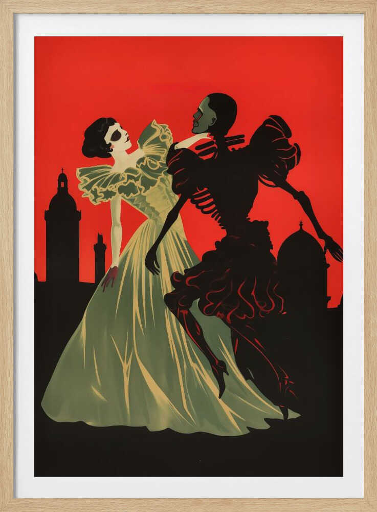 An Art Deco style illustration of a pale woman in a light green ball gown dancing with a black skeleton against a vibrant red sky. A black silhouette of a city skyline with domes and towers is visible in the background. Print