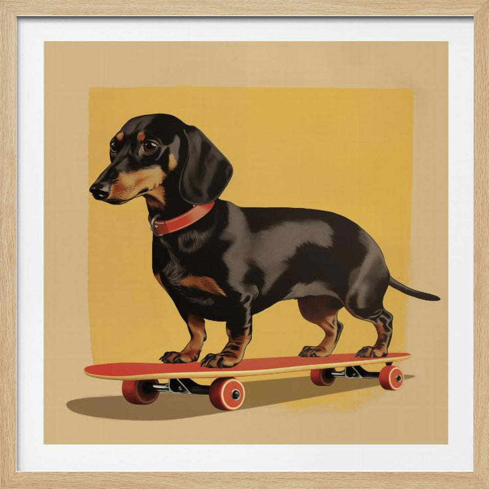 An illustration of a black and tan dachshund standing on a red skateboard against a mustard yellow background. The dog is in profile, wearing a red collar, and the artwork is shown in a light wood frame. Poster