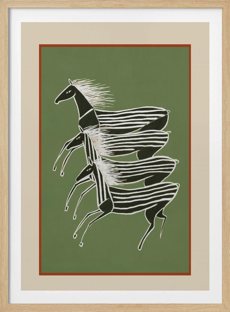 A stylized art print of three zebras running in a vertical formation against a sage green background. The zebras are black with white stripes and flowing white manes, depicted in a dynamic, graphic style. The print is framed with a terracotta and beige mat within a black frame. Poster