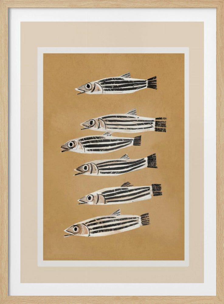 A framed art print featuring six stylized, black and white striped fish arranged in a vertical column against a tan background. The fish are all facing left with their mouths slightly open. Poster