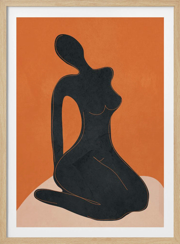 A minimalist abstract art piece featuring a solid black silhouette of a seated female figure against a textured, bold orange background. The figure is posed gracefully, sitting on a light beige, curved surface. The entire piece is enclosed in a simple black frame. Print